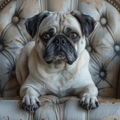 Chitrmela A white pug with black patches lying on a vintage sofa 6297bcdc d0a7 487f 9200 e1bb921268ea 3