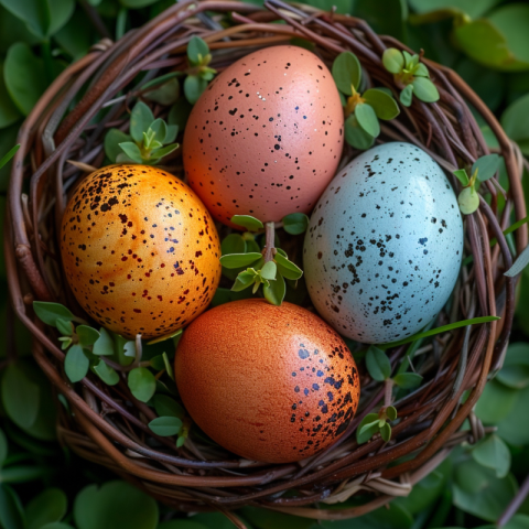 Chitrmela easter eggs in a basket on grass top view in the style fce98528 887a 4f2f 9e27 be0f90663c0b 0