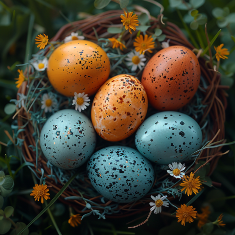 Chitrmela easter eggs in a basket on grass top view in the style fce98528 887a 4f2f 9e27 be0f90663c0b 1