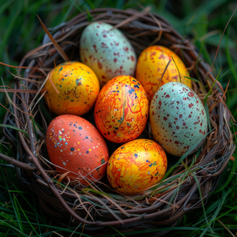 Chitrmela easter eggs in a basket on grass top view in the style fce98528 887a 4f2f 9e27 be0f90663c0b 2