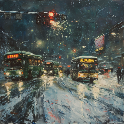 Chitrmela oil painting on a snowy night chinese buses full of pa f862cd74 a95a 4490 90d9 e7e883078677 1