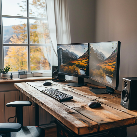 Chitrmela Workplace in a flat with two monitors on a table woode 1b7f96d2 2a5d 43ab ac4e 7fb543dd496e 0