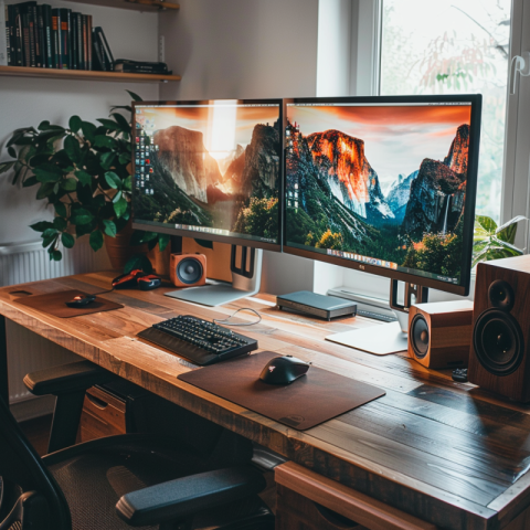 Chitrmela Workplace in a flat with two monitors on a table woode 1b7f96d2 2a5d 43ab ac4e 7fb543dd496e 3