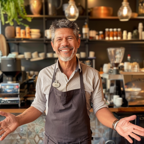 Chitrmela Coffee shop owner smiling mature man short hair with o 88d90494 9a1c 4ed0 bf72 e2f83f8375ae 3