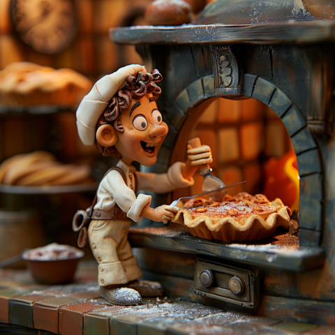Chitrmela a baker putting a pie into an oven warm hues claymatio 09ab4faa 7078 4bbf 9d7a ea4e36e3981b 1