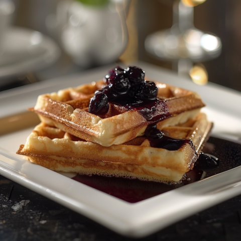 Chitrmela Waffles in a white plate  with a topping of melted blu 9f624ac6 0135 49f6 975d 6badf2f4a6e9 0