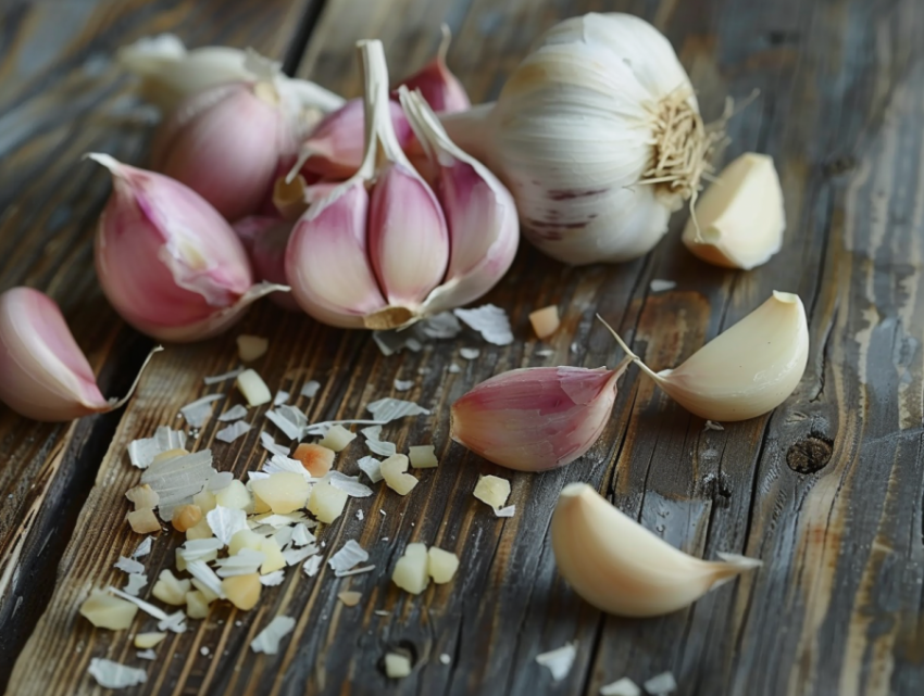 Chitrmela Garlic with peel and garlic without peel on a wooden d 62cb63c3 2da6 4db0 8d03 b36232043690 0